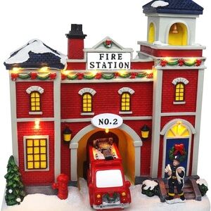 Top Treasures Christmas Village Fire Station Pre-lit Musical Figurine NIB